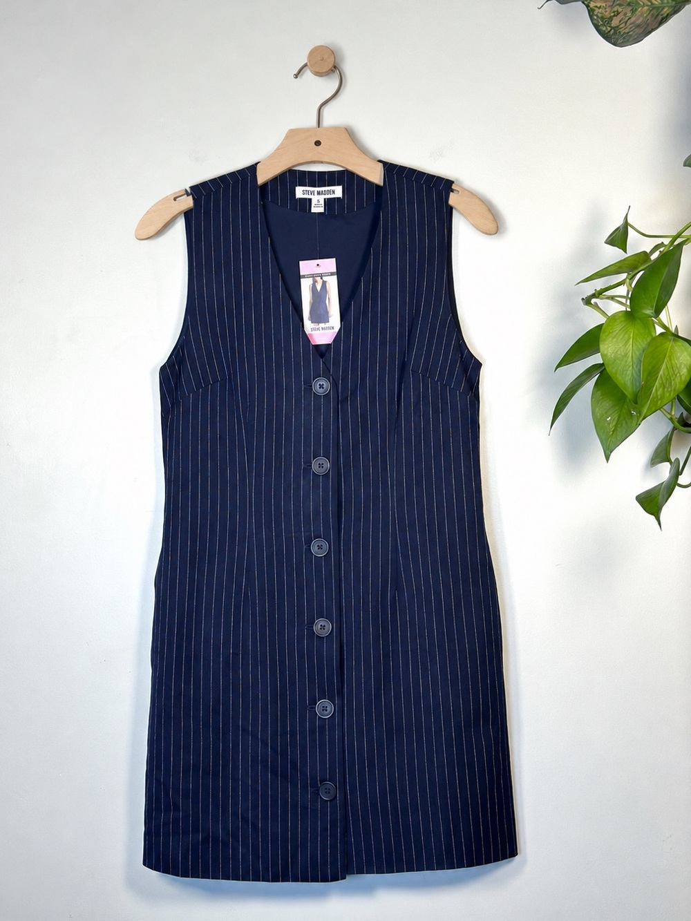Steve Madden Navy Pinstripe Vest Dress NWT Women’s Small Button Front Mini